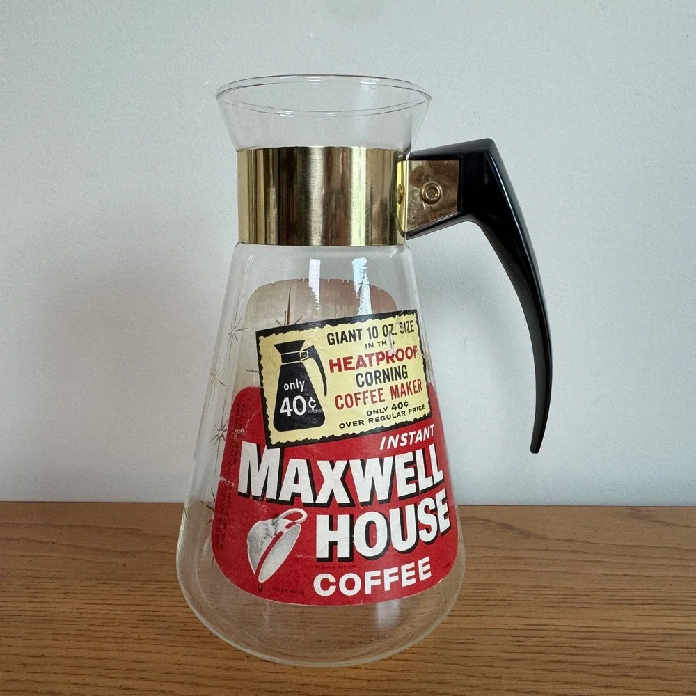Vintage Maxwell House Corning Glass Coffee Carafe Atomic Gold Starburst MCM 10oz